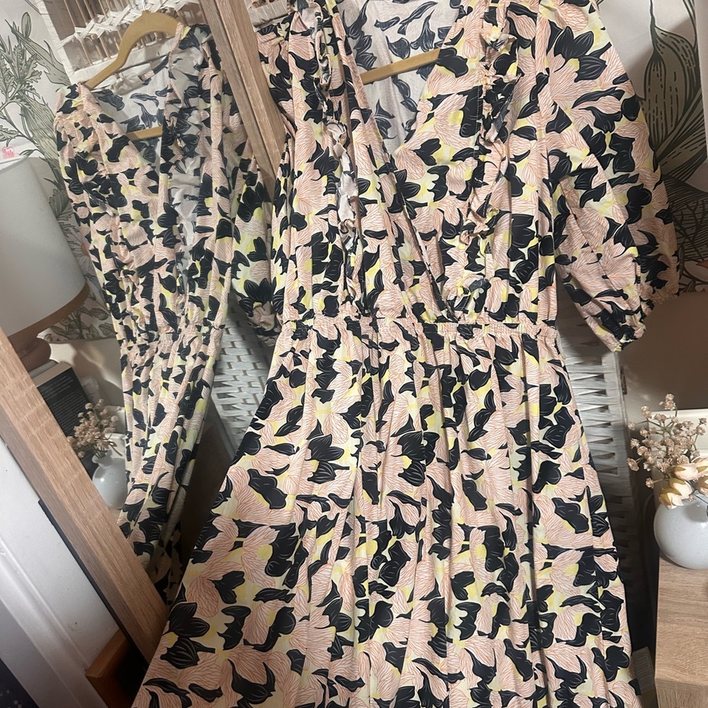 MELLODAY Black and Pink Floral Puffed Mid Sleeve Dress from Nordstrom
